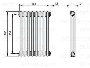 Схема (чертеж) Радиатор Zehnder Charleston 2120/8 №1270 Белый глянцевый RAL 9016